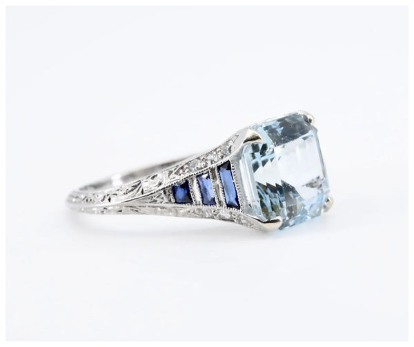 Art Deco Asscher Cut Aquamarine, Sapphire, & Diamond Ring in Platinum