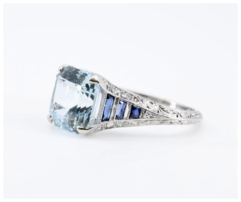 Art Deco Asscher Cut Aquamarine, Sapphire, & Diamond Ring in Platinum