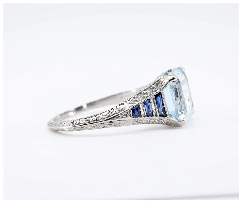 Art Deco Asscher Cut Aquamarine, Sapphire, & Diamond Ring in Platinum