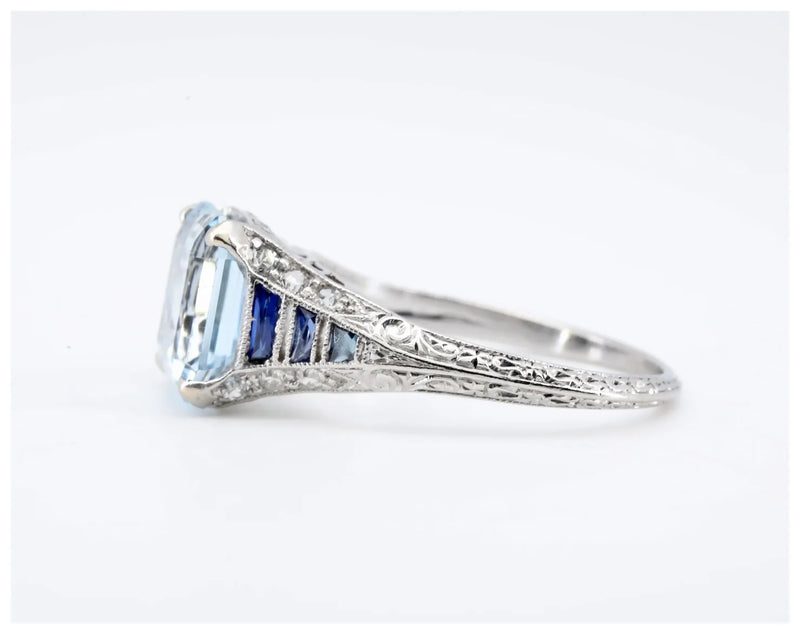 Art Deco Asscher Cut Aquamarine, Sapphire, & Diamond Ring in Platinum