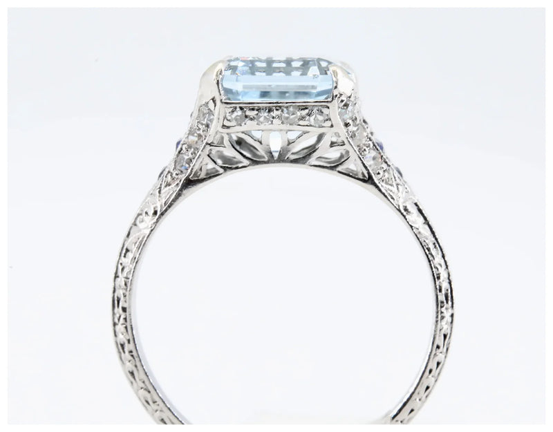 Art Deco Asscher Cut Aquamarine, Sapphire, & Diamond Ring in Platinum