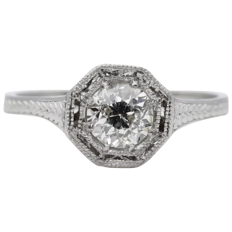 Art Deco Engraved 0.52ct Old European Cut Diamond Solitaire Engagement Ring in Platinum
