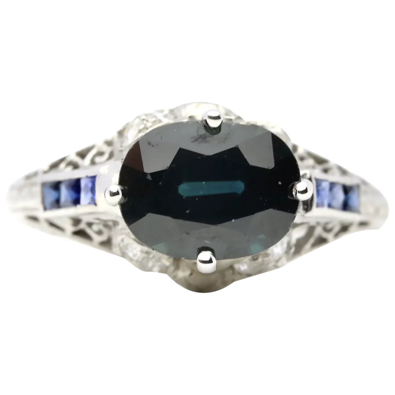 Art Deco No Heat Sapphire & Diamond Ribbon Motif Ring in Platinum