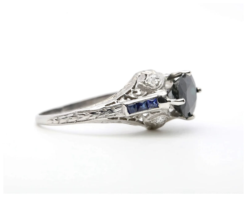 Art Deco No Heat Sapphire & Diamond Ribbon Motif Ring in Platinum