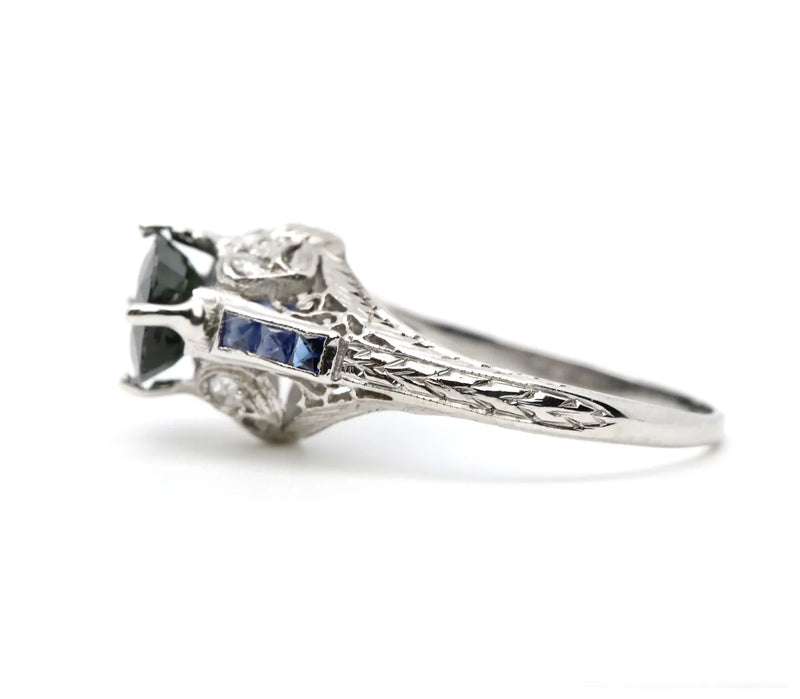 Art Deco No Heat Sapphire & Diamond Ribbon Motif Ring in Platinum