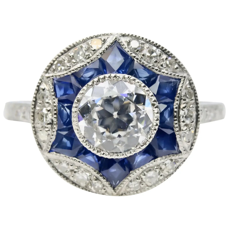 Art Deco Star Form Diamond & French Cut Sapphire Ring in Platinum