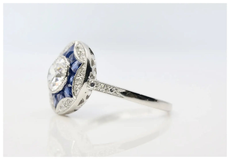 Art Deco Star Form Diamond & French Cut Sapphire Ring in Platinum
