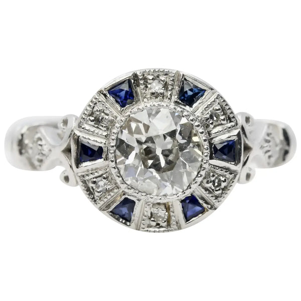 Art Deco Style 1.01 CTW Diamond & Sapphire Target Engagement Ring in Platinum