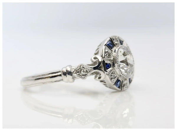 Art Deco Style 1.01 CTW Diamond & Sapphire Target Engagement Ring in Platinum