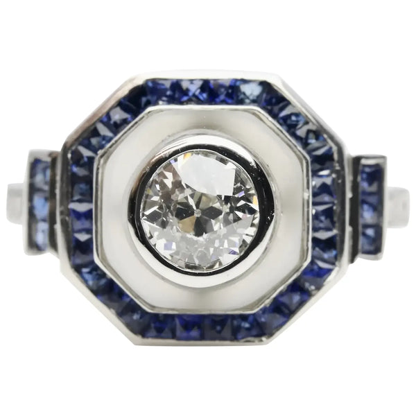 Art Deco Style 1.88 CTW Diamond, Sapphire, & Rock Crystal Engagement Ring in Platinum