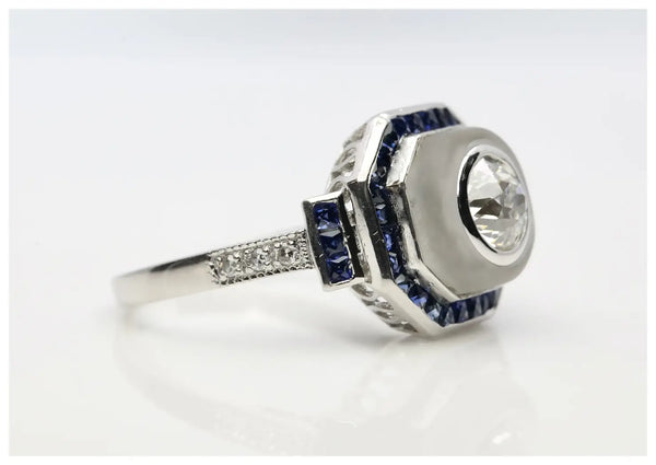 Art Deco Style 1.88 CTW Diamond, Sapphire, & Rock Crystal Engagement Ring in Platinum