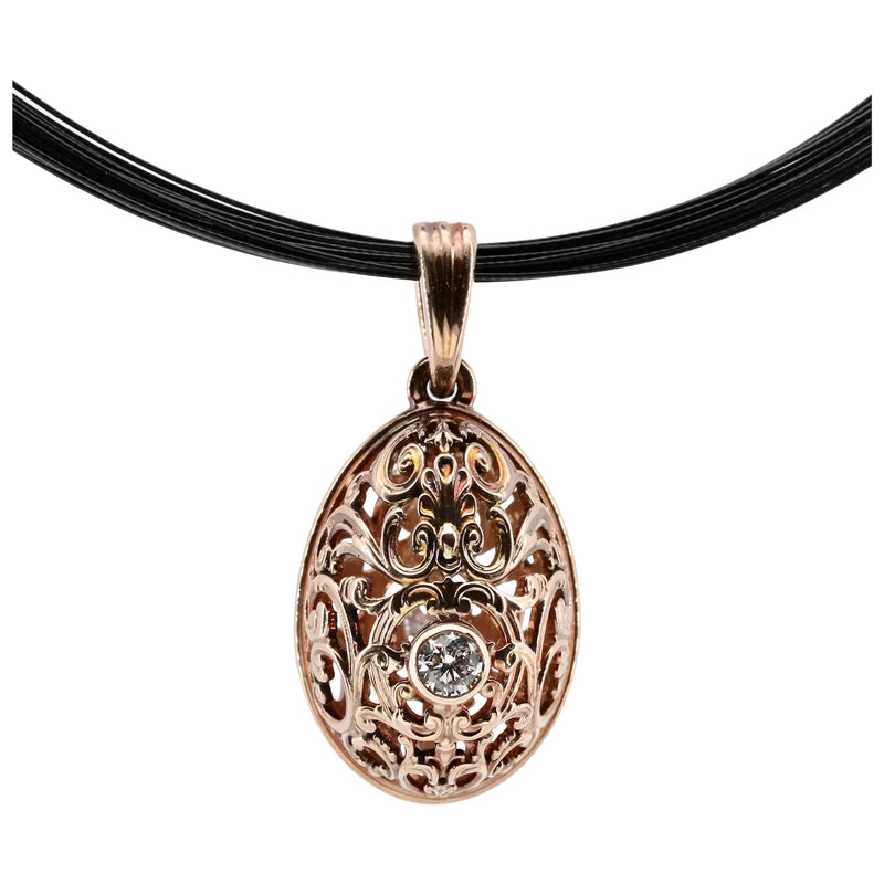 Art Nouveau Style Rose Gold & Diamond Filigree Easter Egg Pendant