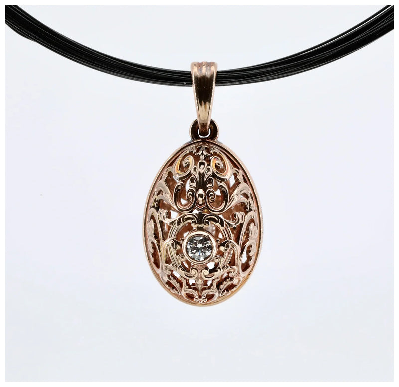 Art Nouveau Style Rose Gold & Diamond Filigree Easter Egg Pendant