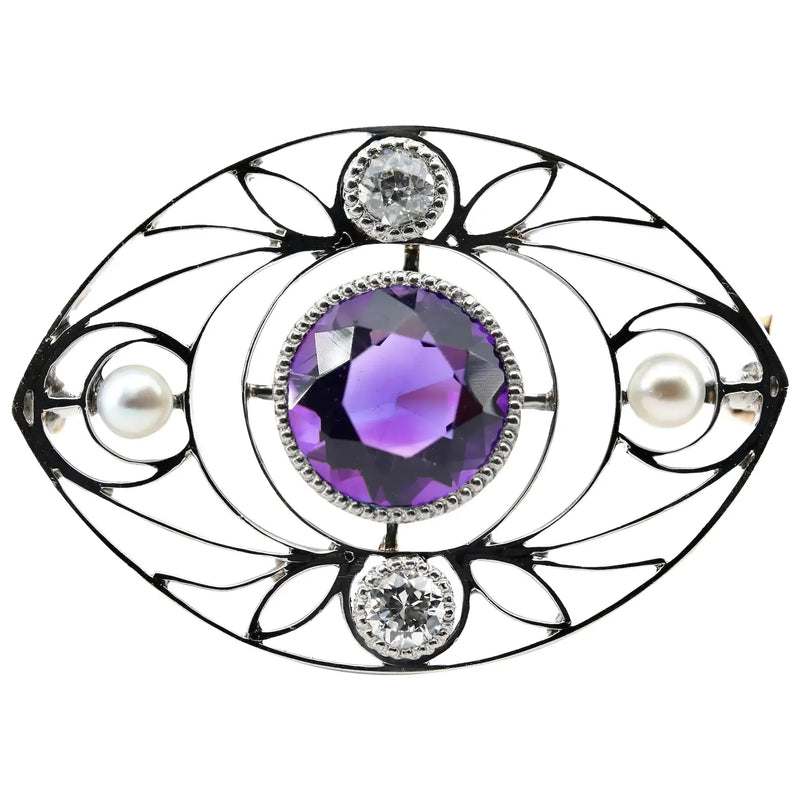 Arts & Crafts Platinum Amethyst, Diamond, & Pearl Brooch