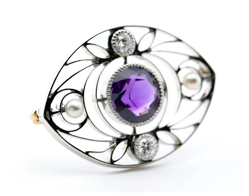 Arts & Crafts Platinum Amethyst, Diamond, & Pearl Brooch