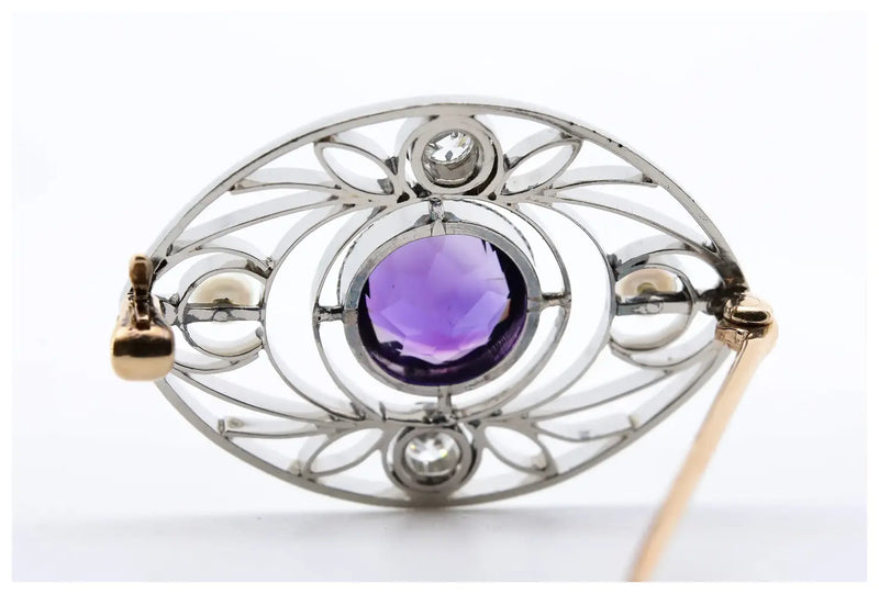 Arts & Crafts Platinum Amethyst, Diamond, & Pearl Brooch