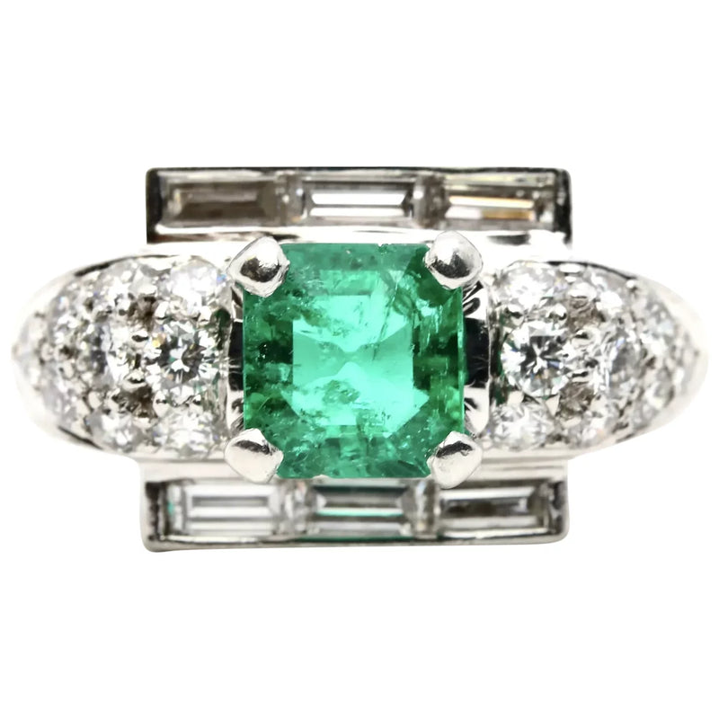 Circa 1920's Art Deco Colombian Emerald, & Diamond Ring in Platinum