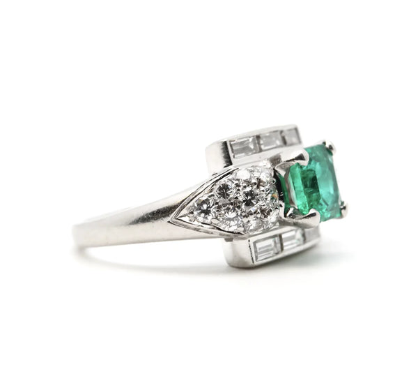 Circa 1920's Art Deco Colombian Emerald, & Diamond Ring in Platinum