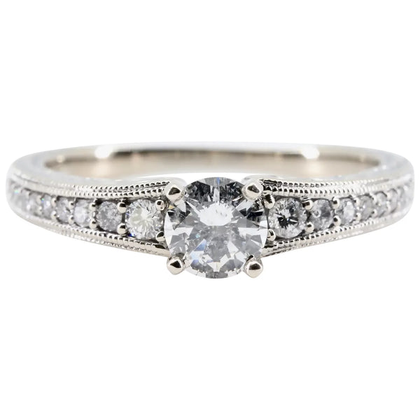 Classic 0.70ctw Hand Engraved Diamond Engagement Ring in 14K White Gold Euro Shank