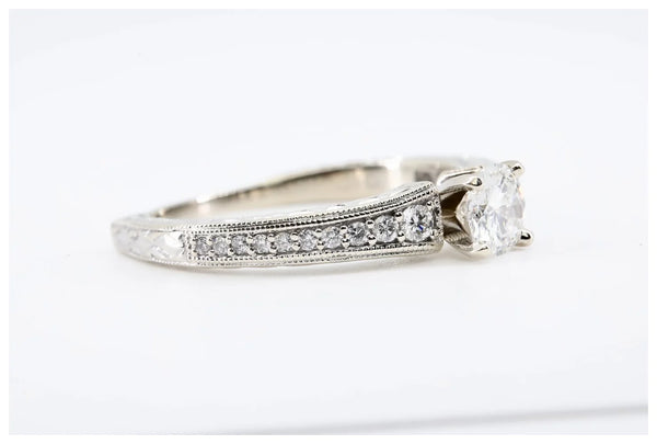 Classic 0.70ctw Hand Engraved Diamond Engagement Ring in 14K White Gold Euro Shank