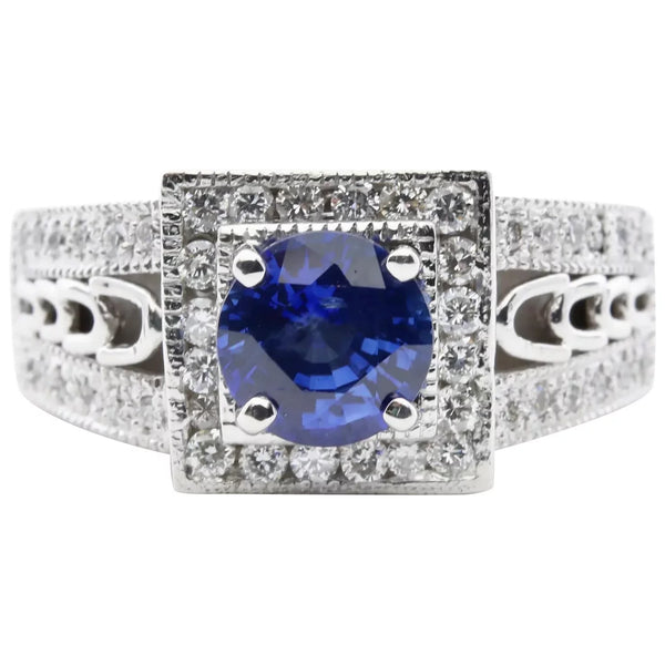 Contemporary Rich Blue 1.68ctw Sapphire & Diamond Ring in 14K White Gold