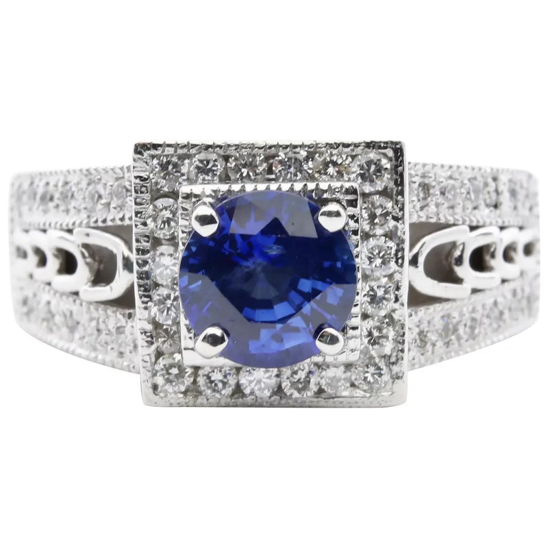 Contemporary Rich Blue 1.68ctw Sapphire & Diamond Ring in 14K White Gold