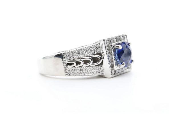 Contemporary Rich Blue 1.68ctw Sapphire & Diamond Ring in 14K White Gold