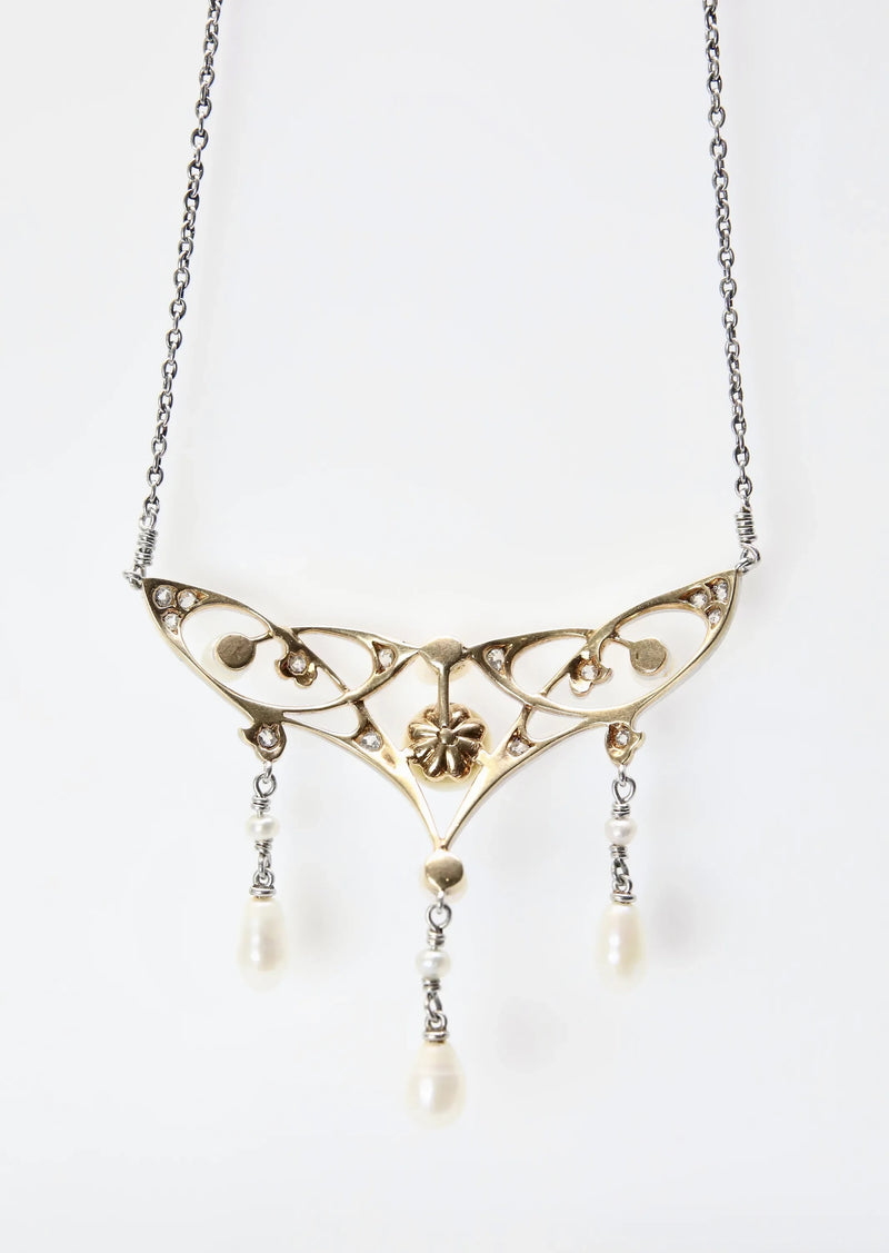 Edwardian Natural Pearl & Mine Cut Diamond Lavalier Necklace in Platinum, 14K Gold