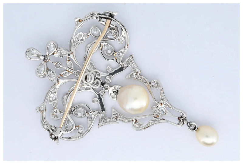 Edwardian Diamond and Natural Pearl Brooch - GIA