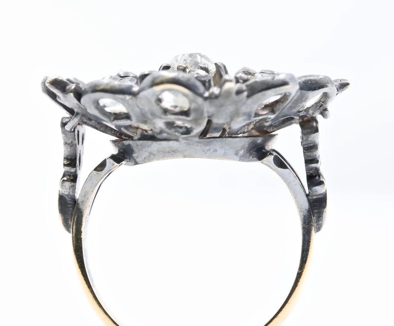 Exceptional Georgian Old Mine and Rose Cut Diamond Flower Ring in 14K Gold