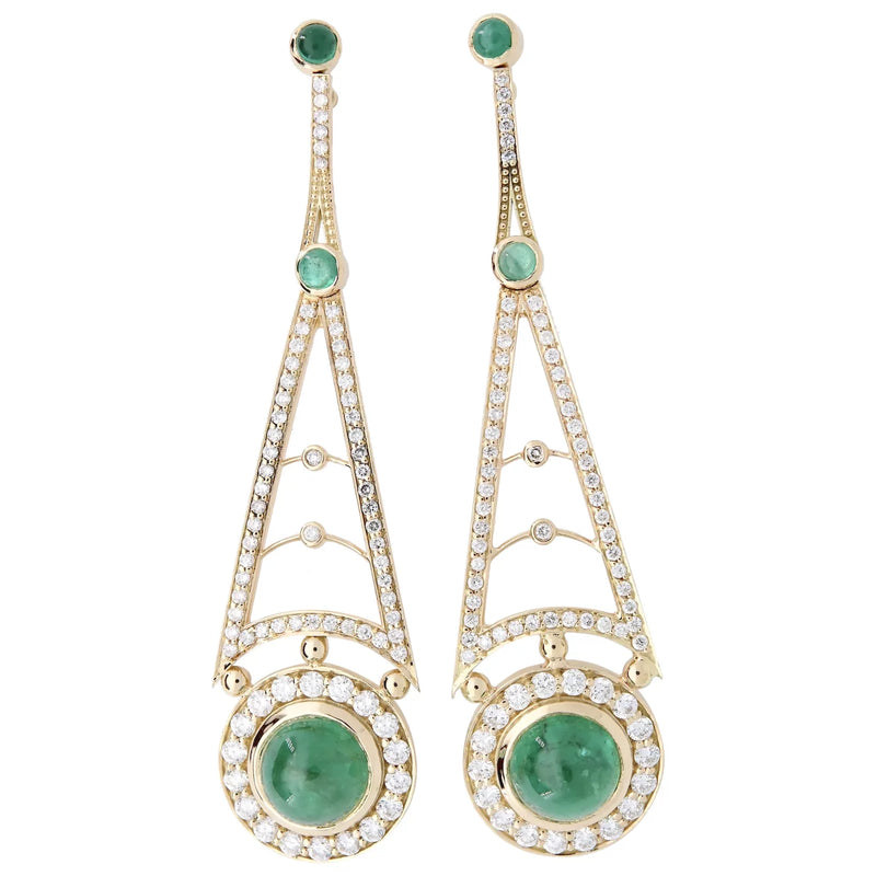 Fine 9.46Ctw Colombian Emerald & Diamond Dangle Earrings in 18K Yellow Gold