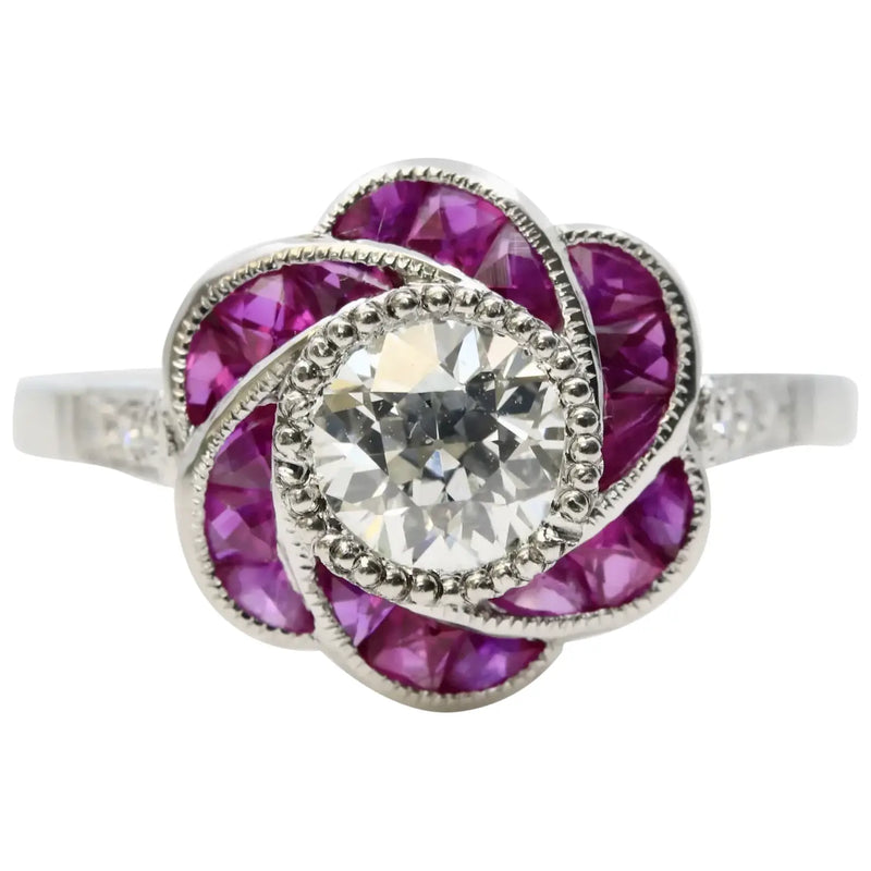 Floral Art Deco Old European Diamond & Ruby Engagement Ring in Platinum