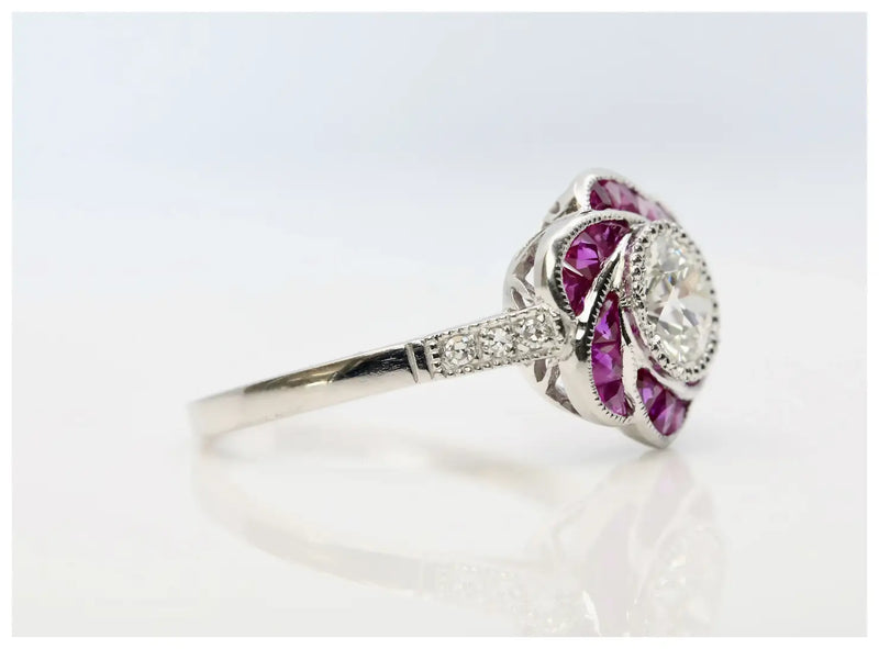 Floral Art Deco Old European Diamond & Ruby Engagement Ring in Platinum