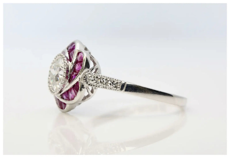 Floral Art Deco Old European Diamond & Ruby Engagement Ring in Platinum