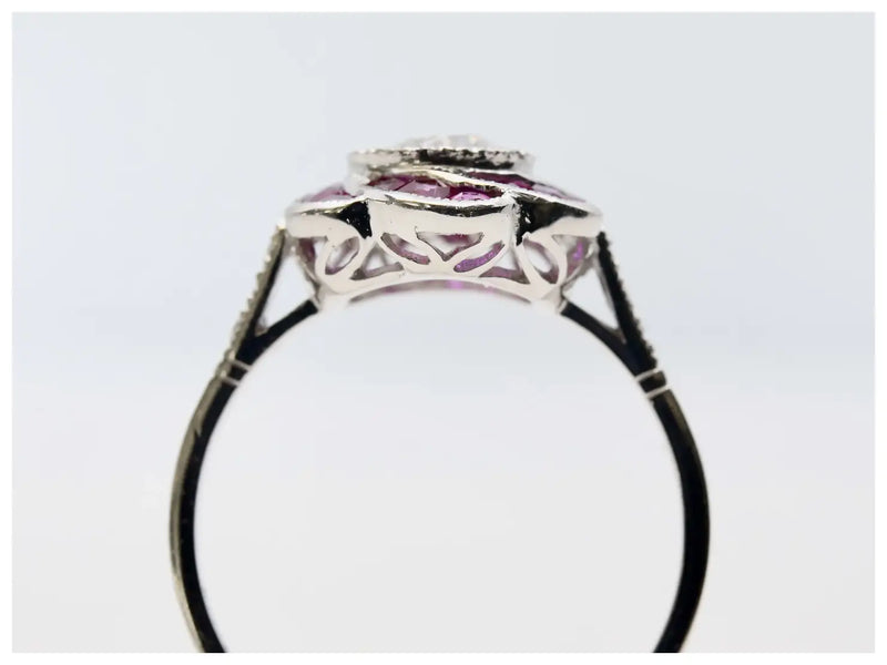 Floral Art Deco Old European Diamond & Ruby Engagement Ring in Platinum