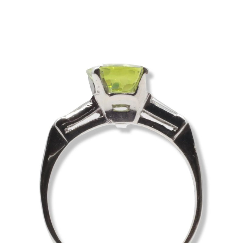 Eye Catching Peridot & Baguette Diamond Three Stone Ring in Platinum