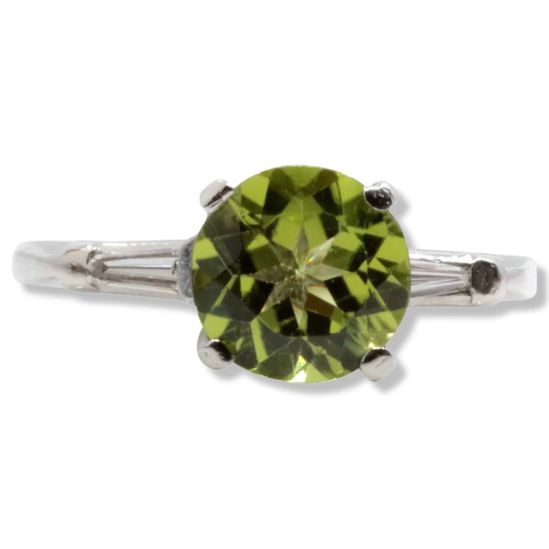 Eye Catching Peridot & Baguette Diamond Three Stone Ring in Platinum