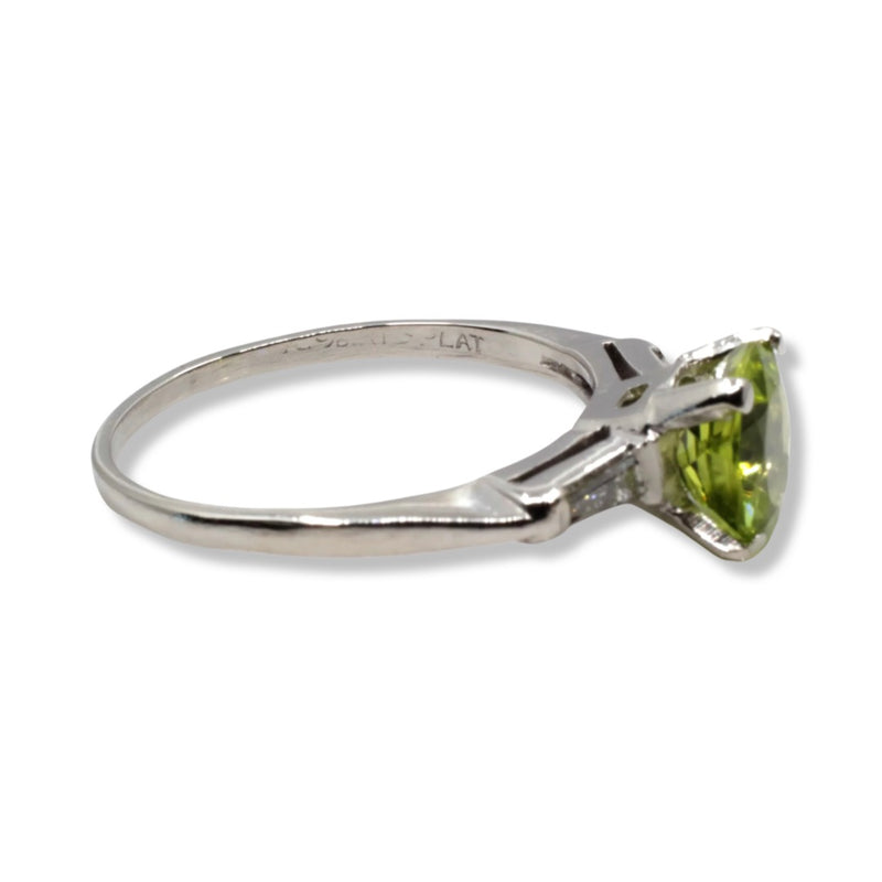 Eye Catching Peridot & Baguette Diamond Three Stone Ring in Platinum