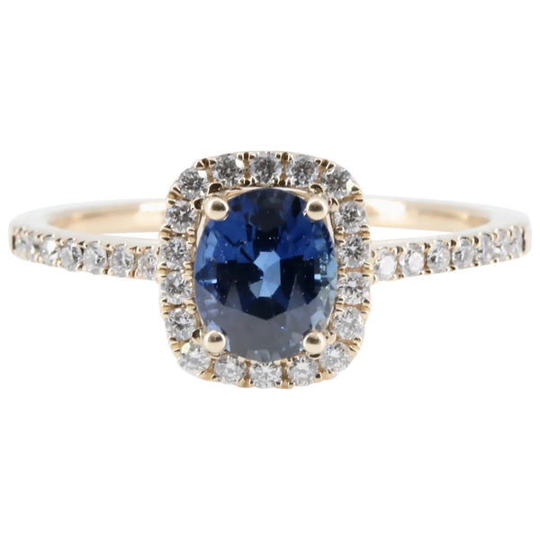 Velvety Blue Sapphire & Diamond Halo Ring in 14K Yellow Gold