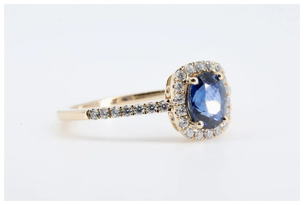 Velvety Blue Sapphire & Diamond Halo Ring in 14K Yellow Gold