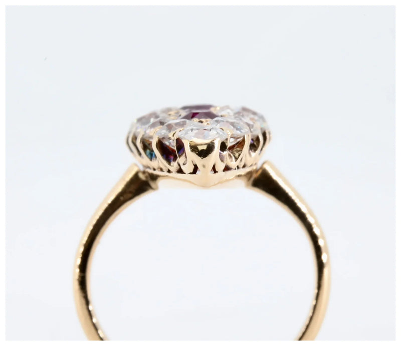 Victorian 3.65 CTW Burmese Ruby & Old Mine Cut Diamond Navette Ring in 18K Gold