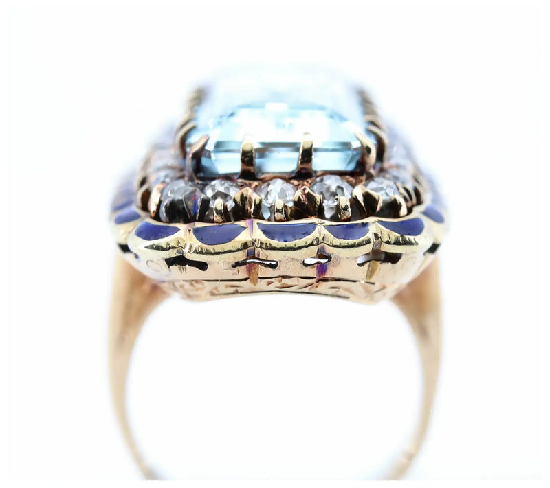 Victorian Aquamarine, Enamel, & Old Mine Cut Diamond Ring in 14K Yellow Gold