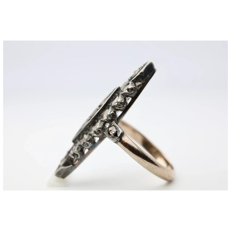 Victorian French Rose Cut Diamond Navette Ring in 18K Gold