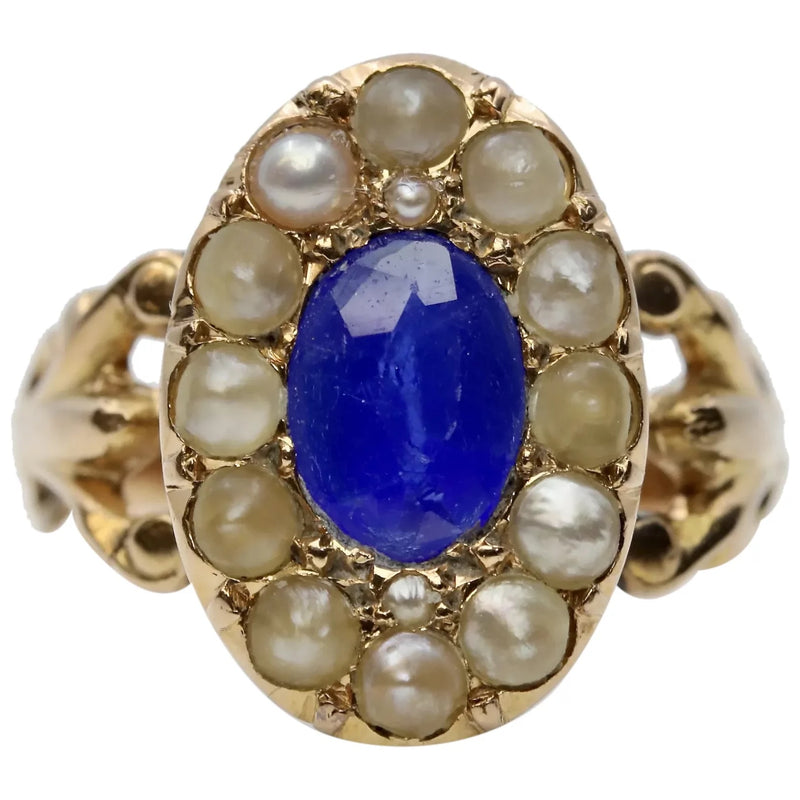 Victorian Natural Pearl & Kyanite Ring in 14K Yellow Gold