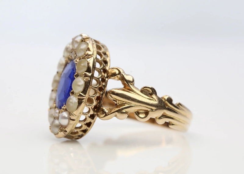 Victorian Natural Pearl & Kyanite Ring in 14K Yellow Gold