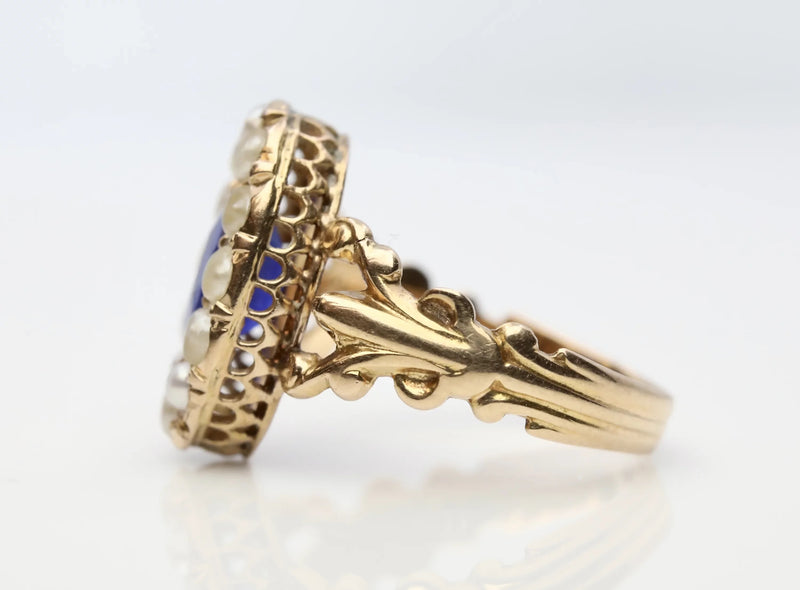 Victorian Natural Pearl & Kyanite Ring in 14K Yellow Gold